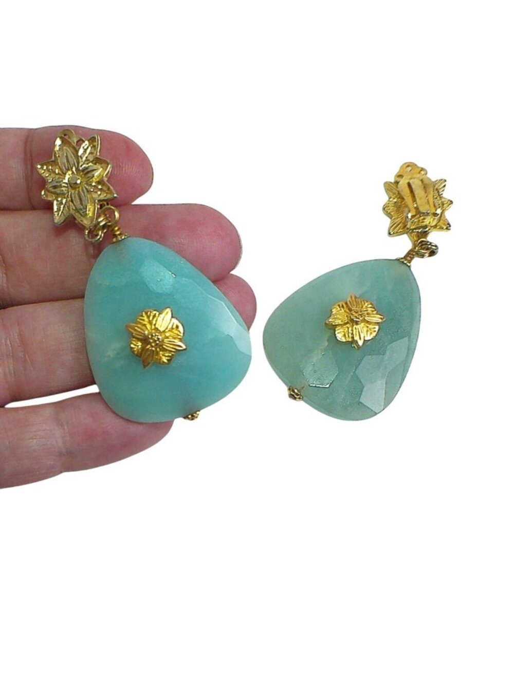 Stephen Dweck Floral Gold & Aqua Amazonite Drop Clip-On Earrings